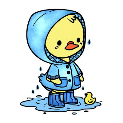 baby duck in a rain coat and boots, in a puddle while it’s raining