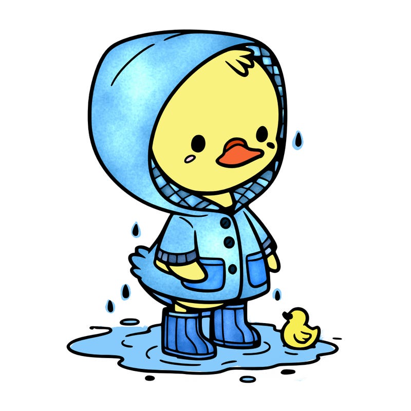 baby duck in a rain coat and boots, in a puddle while it’s raining