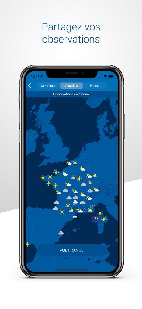 Screenshot dell'app Météo-France che visualizza una mappa della Francia con icone meteo in tempo reale e osservazioni della comunità.