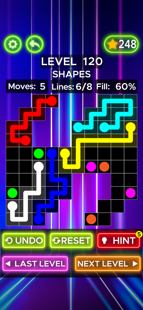 Pantalla de juego de Connect The Dots Color Dots que muestra una cuadrícula de neón con líneas de colores conectando puntos coincidentes.