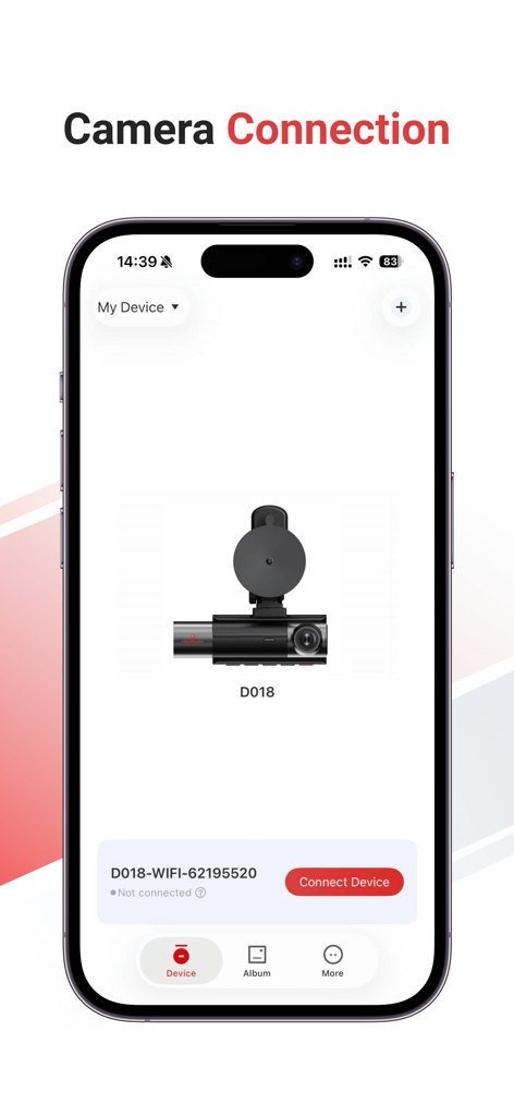 Interface of the TERUNSOUL app showing the camera connection screen for a D018 dash cam model