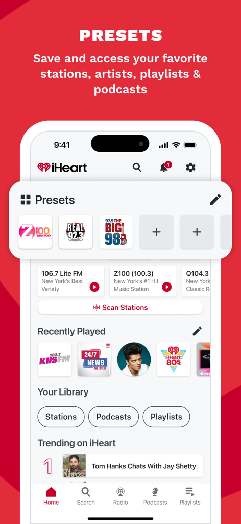 iHeartRadio app home screen featuring the presets section for favorite radio stations and podcasts.