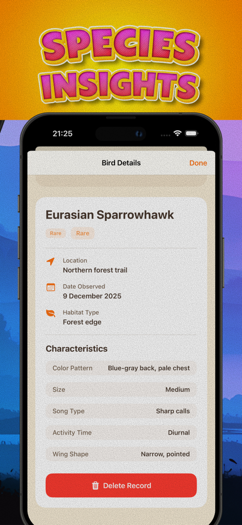 Wild Bird Ledger - ユーラシアチュウヒの種詳細画面。観察データと物理的特徴が表示されています。