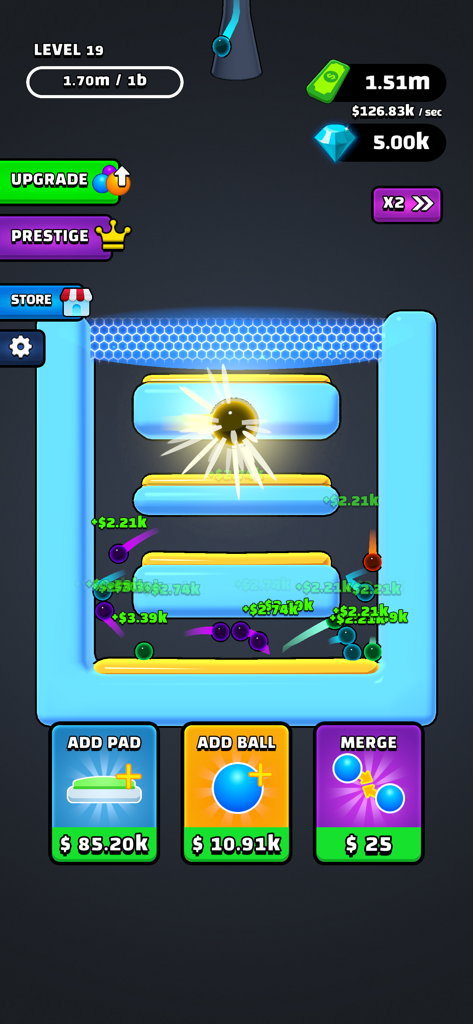 Juego de Balls Bounce mostrando bolas de colores fusionándose y rebotando dentro de un nivel