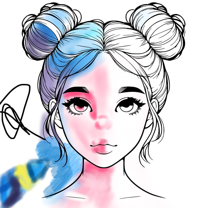 realistic girl with two buns on top of her head