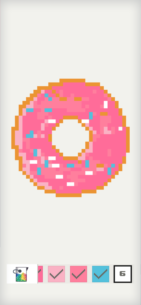 Pixel Land: color by number - Pixel art donut with pink frosting and blue sprinkles being colored in the Pixel Land app