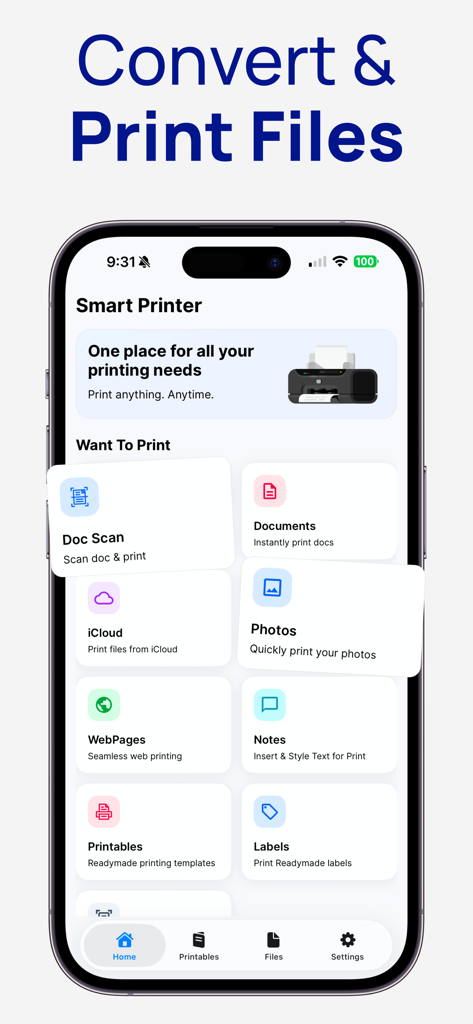 Smart Printer app home screen showing options for document scanning, printing photos, and access to printable templates