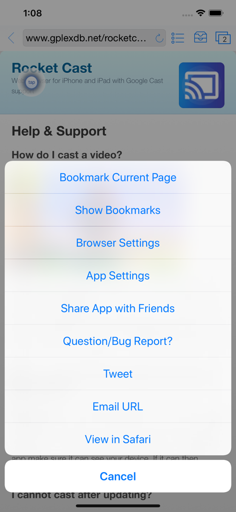 Rocket Video Cast - Menú de opciones y configuración del navegador de Rocket Video Cast que muestra la configuración y el soporte de la aplicación