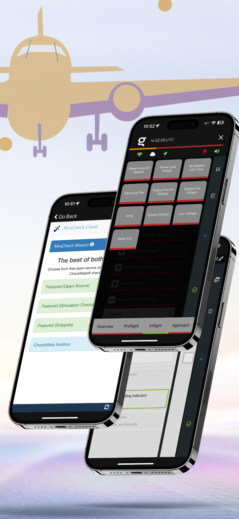 Goose, Your Digital Co-Pilot - Tres iPhones que muestran la interfaz de la aplicación Goose de aviación con listas de verificación digitales y procedimientos de emergencia de vuelo