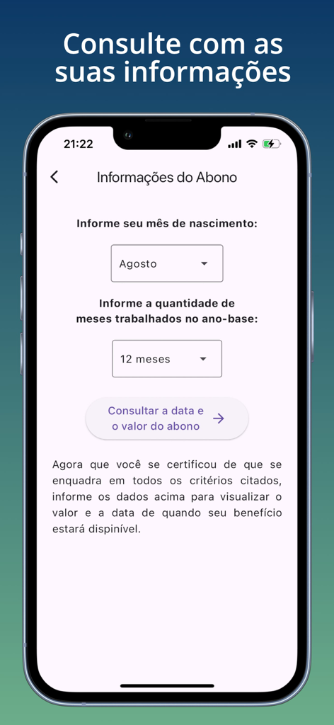 Mobile app screen showing a form to enter birth month and months worked to calculate the PIS PASEP benefit.