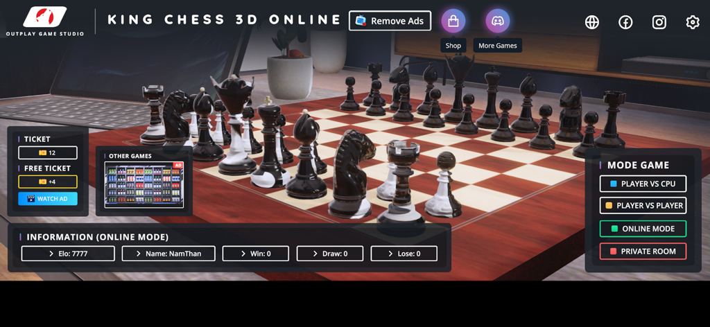 Interfaz del menú principal de King Chess 3D Online con un tablero de ajedrez 3D y selecciones de modo de juego