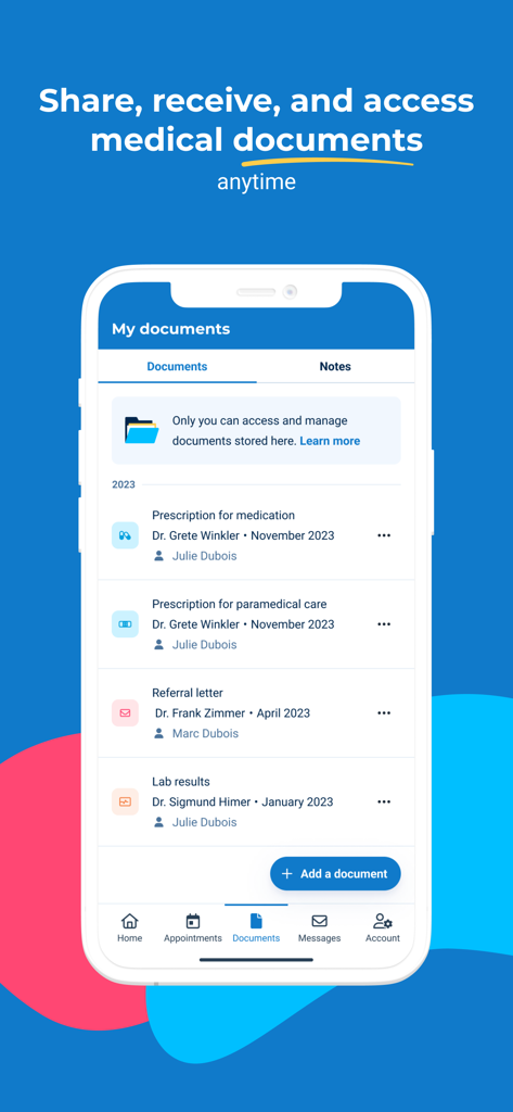 Doctolib - Your health partner - Doctolib app screen showing a list of stored medical documents including prescriptions and lab results for family members
