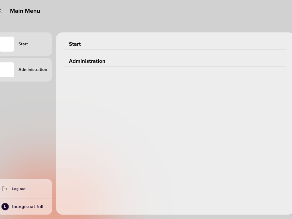 Ink Aura - Main menu screen of the Ink Aura app on iPad featuring Start and Administration modules for airport lounge staff