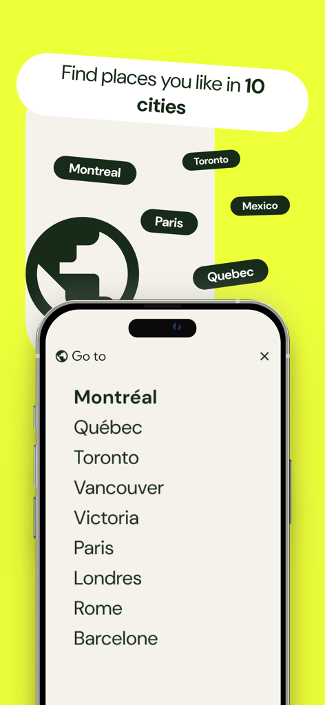 Tastet plus App-Bildschirm zeigt eine Liste internationaler Städte für Restaurantempfehlungen, einschließlich Montreal, Paris und London
