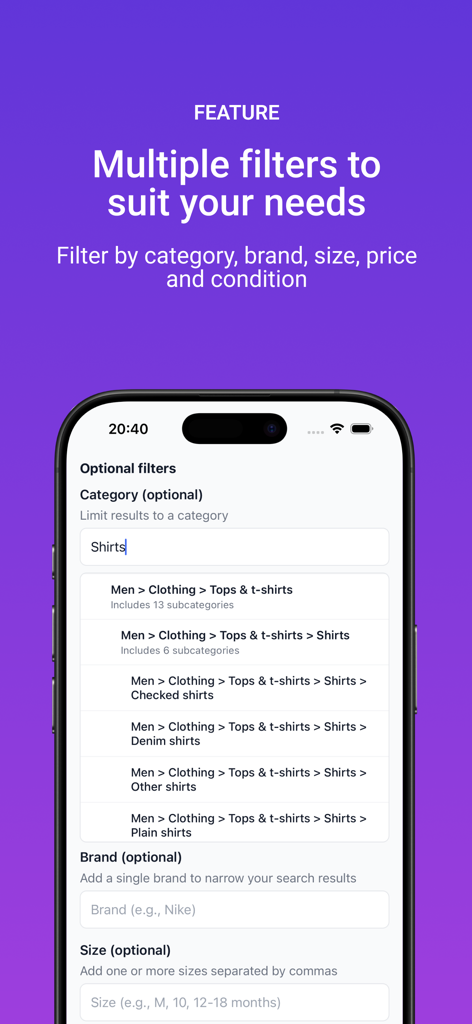 Interfaz de la aplicación Vinotify mostrando múltiples filtros de búsqueda para categoría, marca y talla para rastrear anuncios de Vinted