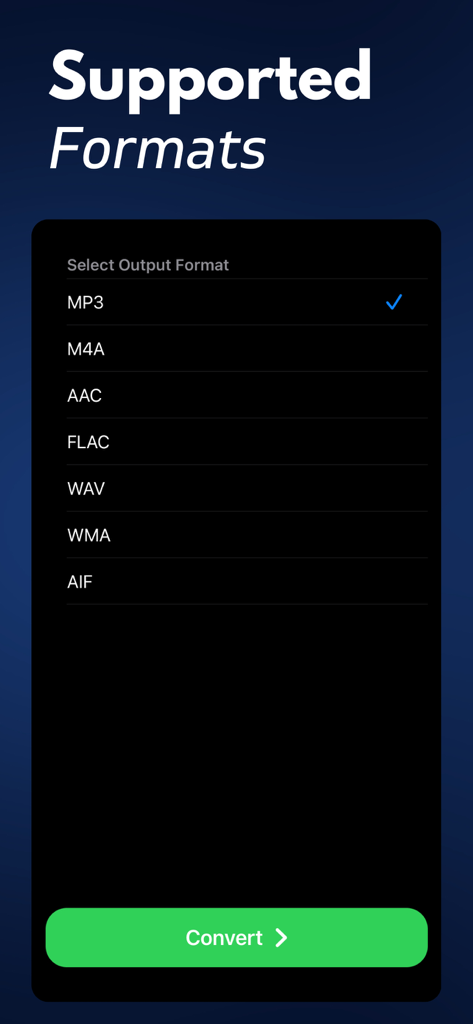 Video to Audio: MP3 Converter+ - Interface showing various audio output formats including MP3 FLAC and WAV with a green convert button