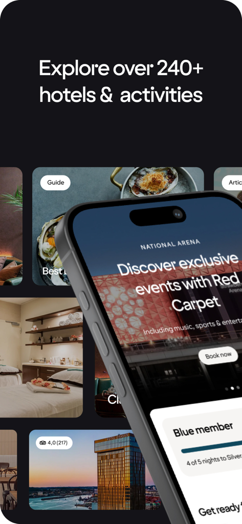 Pantalla de smartphone que muestra la aplicación Strawberry con reservas de hotel y eventos exclusivos de Red Carpet