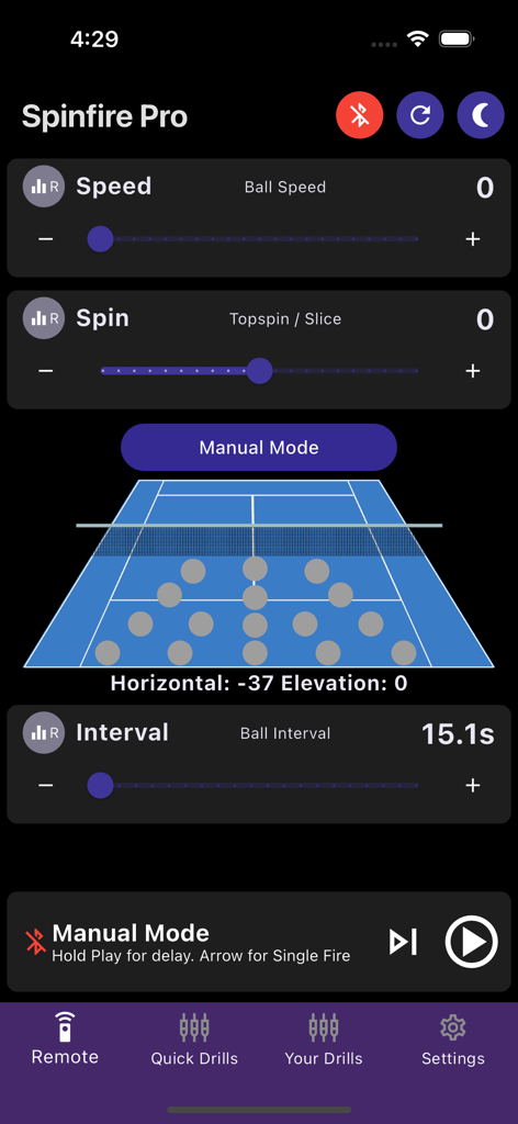 Spinfire Pro 2 - Pantalla de control remoto manual de la app Spinfire Pro 2 mostrando deslizadores para velocidad de bola, spin e intervalo con un diagrama de cancha de tenis