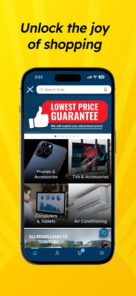 Xcite Online Shopping - Xcite Online Shopping app home screen featuring electronics categories and a lowest price guarantee banner