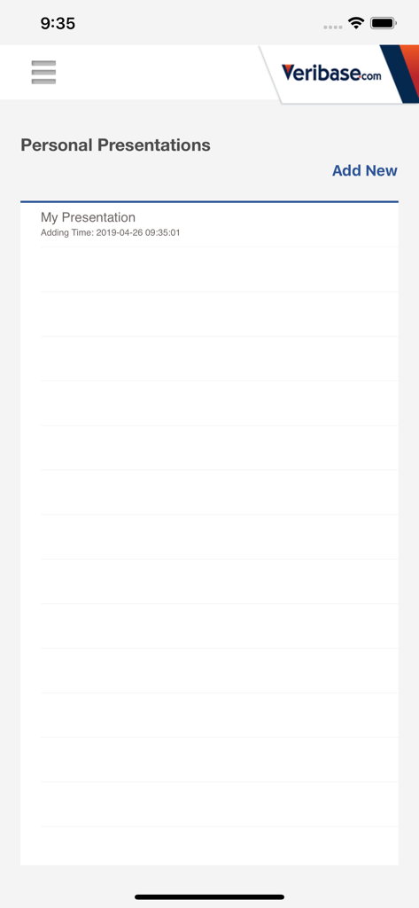Veribase - Der Bildschirm für die Liste der persönlichen Präsentationen in der Veribase Pharma-CRM-App.