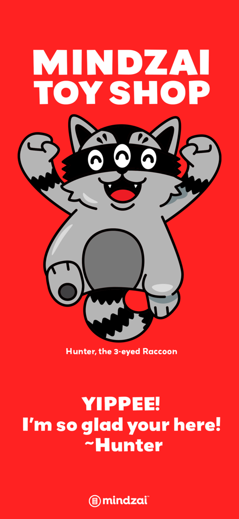 Mindzai Toy Shop - Pantalla de bienvenida de Mindzai Toy Shop con la mascota Hunter el mapache de 3 ojos sobre un fondo rojo