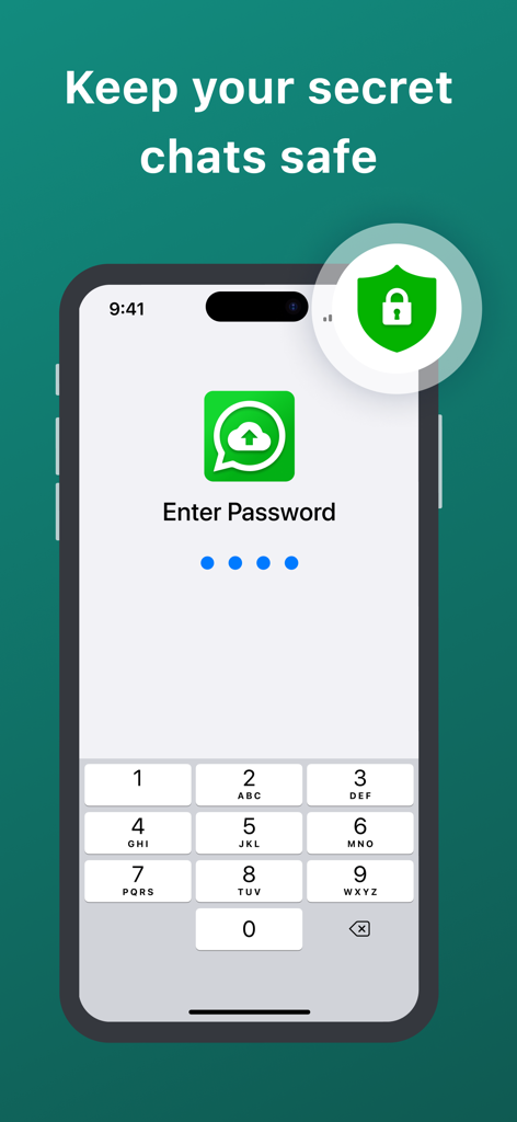 A smartphone screen displaying a password entry keypad for securing secret chats with the WT Chat Backup app.