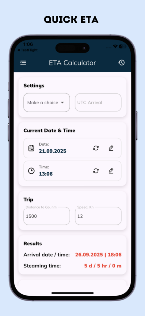 ETA Calculator app interface showing nautical voyage planning and arrival time results