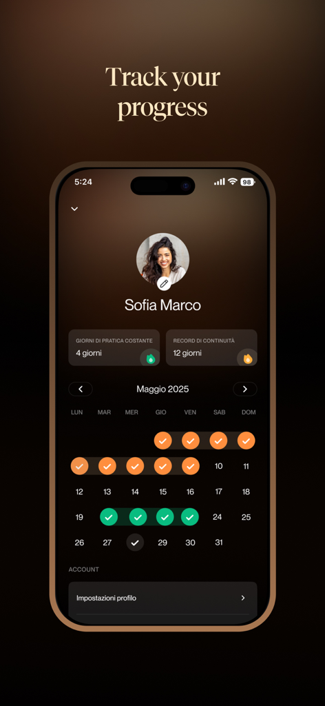 Anapana Mindfulness Studio - A meditation progress tracking screen showing a practice calendar and user statistics within the Anapana app