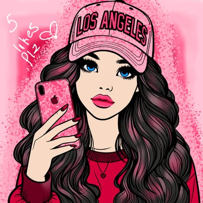 realistic beautiful girl wearing los ángeles cap holding an iphone
