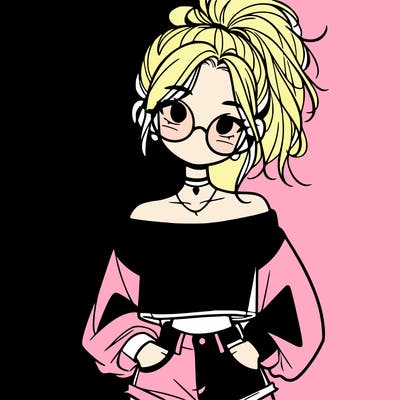 girl with a messy ponytail glasses a baggy crop top and jean shorts