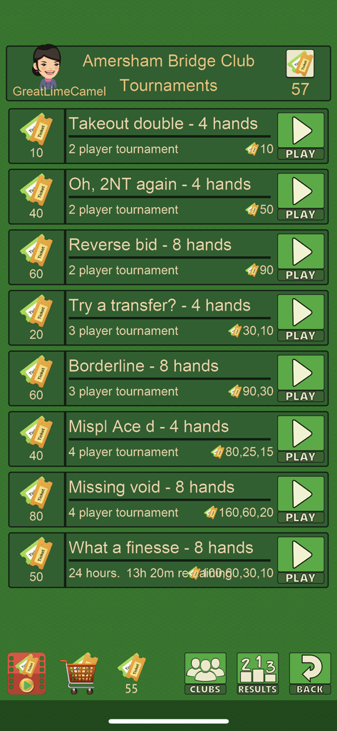 Pantalla de selección de torneo en la aplicación de juego de cartas Bridge V+ que enumera varios tipos de manos y modos de jugador.