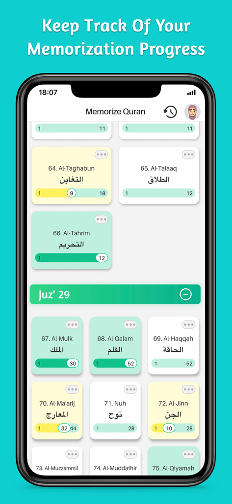 Memorize Easily | Muslim Pal® - A mobile app interface showing Quran suras with progress bars for memorization tracking.