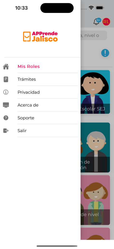 Sidebar navigation menu of the APPrende Jalisco app displaying user options like roles procedures and support.