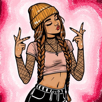 realistic teenage girl with braids and a beanie and crop top doing 🫶🏼