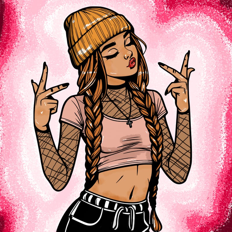realistic teenage girl with braids and a beanie and crop top doing 🫶🏼