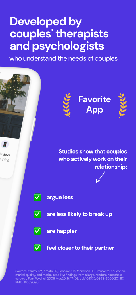 recoupling: relationship, love - Tela do aplicativo recoupling mostrando os benefícios do trabalho de relacionamento, como menos discussões e maior felicidade, com base em estudos psicológicos.