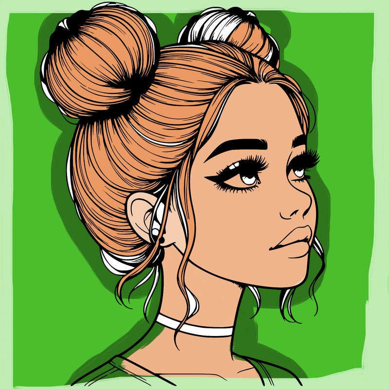 realistic girl with buns on the top of her head