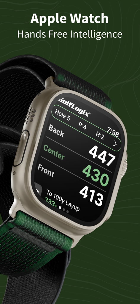 GolfLogix: 3D Golf Course GPS - GolfLogix app on Apple Watch showing GPS yardage distances for the front center and back of the green