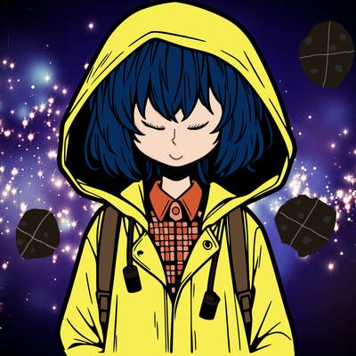 little anime girl in a raincoat her hair is covering her eyes she has a lighter