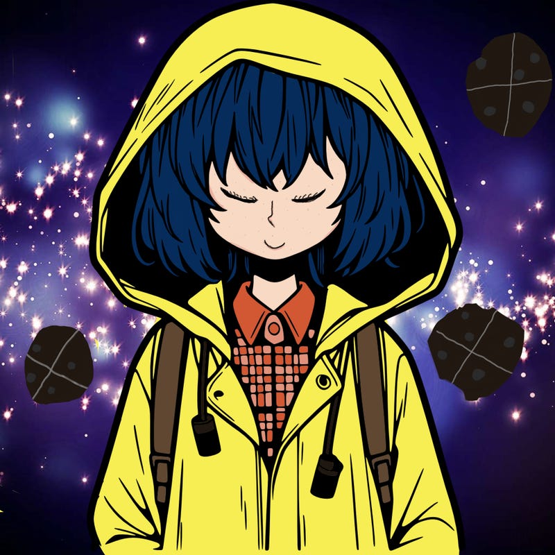 little anime girl in a raincoat her hair is covering her eyes she has a lighter