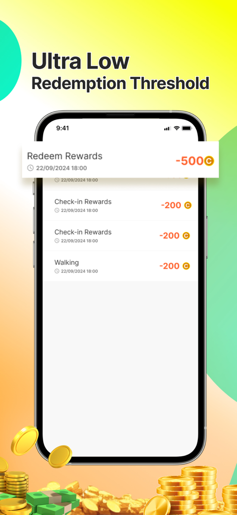 WalkTask-Walking Step Counter - 歩数とチェックインのコイン履歴とともに、非常に低い報酬交換しきい値を示すWalkTaskアプリインターフェイス。