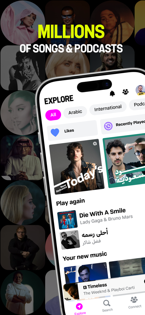 Anghami: Play Music & Podcasts - Pantalla de exploración de música y podcasts de la aplicación móvil Anghami que muestra una variedad de música y podcasts árabes e internacionales con fotos de perfil de artistas al fondo.