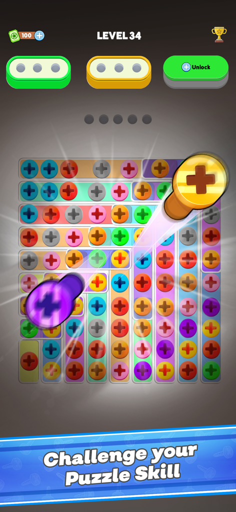 Screw Jam:  Puzzle Challenge - Gameplay of Screw Jam showing colorful nuts and bolts being sorted into matching boxes on level 34