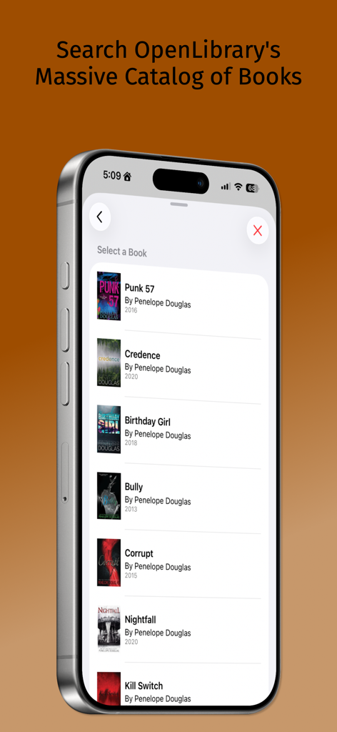 SpiceRack - SpiceRack app screen showing book search results from OpenLibrary catalog.