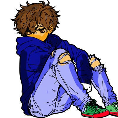 a male hoddie ripped jeans messy hair anime