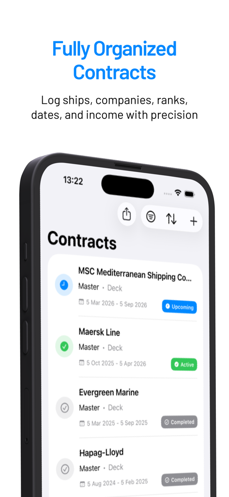Sea Service - Career Manager - Mobile app interface showing a list of organized maritime employment contracts with status indicators