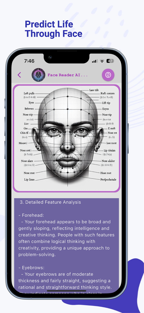 A facial map and detailed personality analysis within the Face Reader AI app