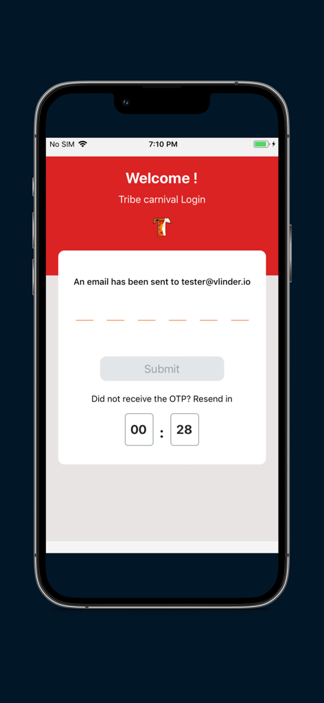 Masquerader Xperience - Pantalla de inicio de sesión móvil para la aplicación Masquerader Xperience que muestra una página de verificación de contraseña de un solo uso