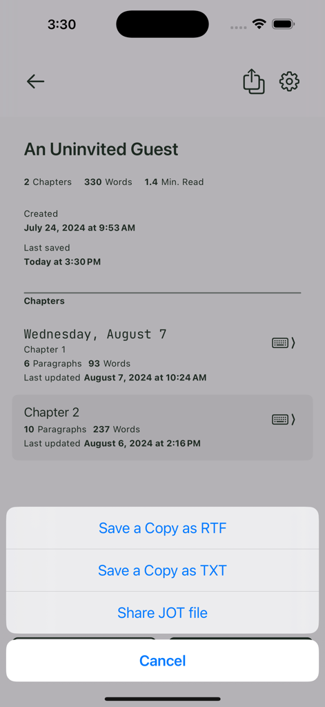 Jot Writer - Interfaz de la aplicación Jot Writer que muestra detalles del documento y opciones para exportar como archivos RTF o TXT