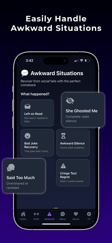 Broski: AI Wingman - Broski AI Wingman app interface showing social recovery scenarios like ghosting and awkward silence